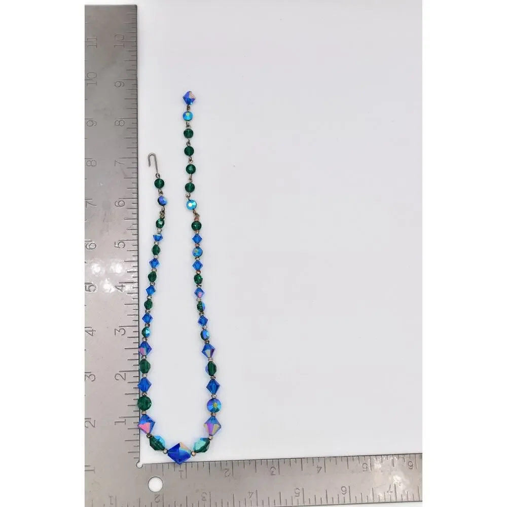 Vintage Blue Green Crystal Choker Necklace Sparkling Beaded Chunky 1960s BinBM